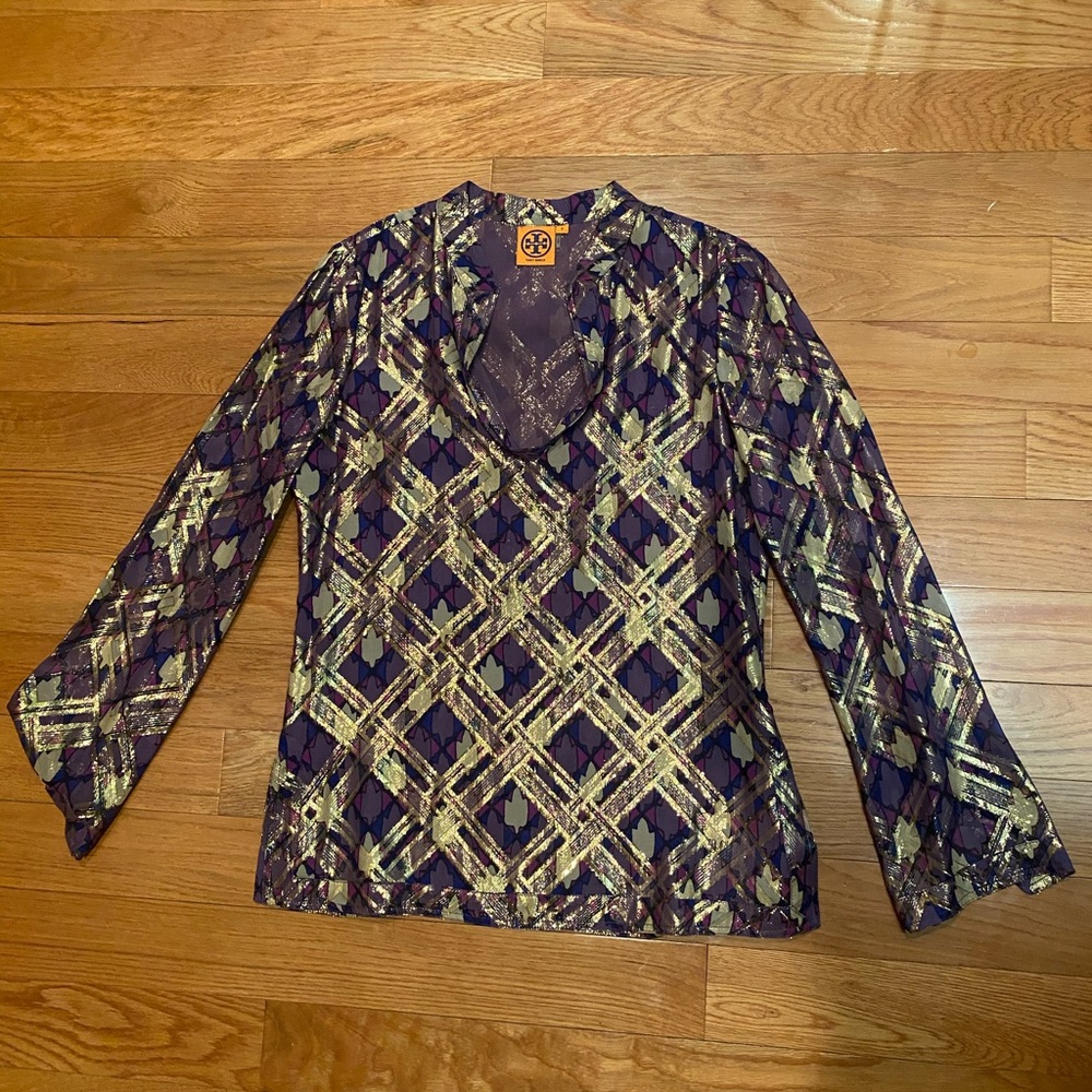 Tory Burch Metallic Plaid Tunic Top, Sz 8, EUC!